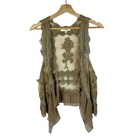 Umgee Taupe Brown Open Front Boho Lace Kimono M/L - Picture 3 of 5